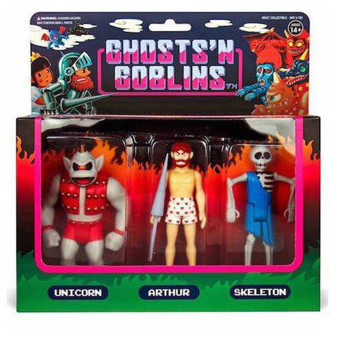 Super7 Ghosts n Goblins 3 3/4-Inch ReAction Figure Pack B - Unicorn", " Arthur in Underwear", " Skeleton